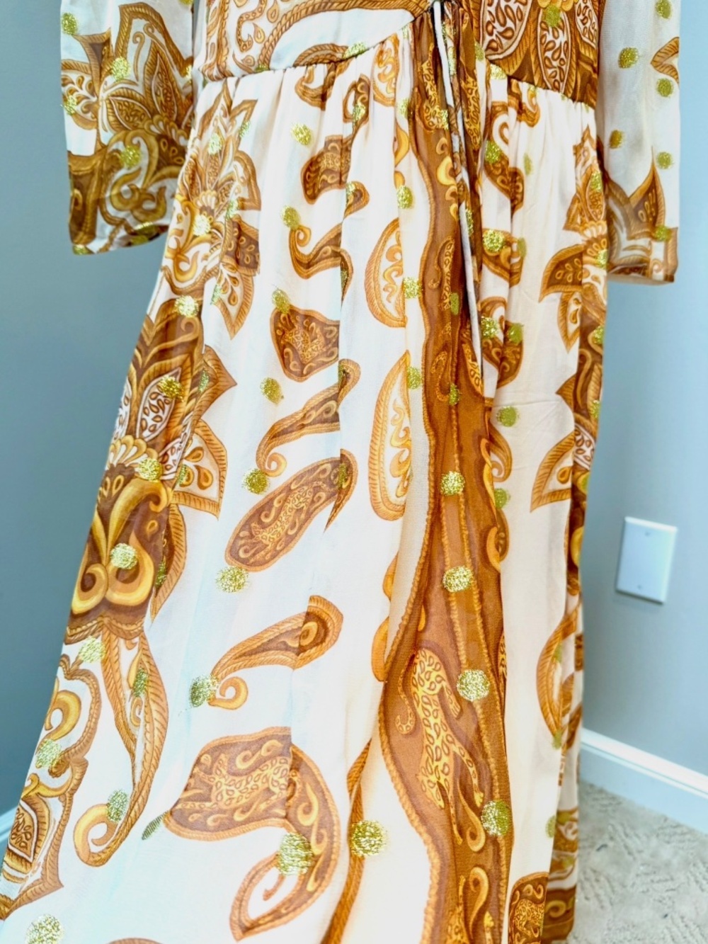 NWT Farm Rio x Anthropologie Jacquard Metallic Gold Maxi Dress M - Picture 7 of 13